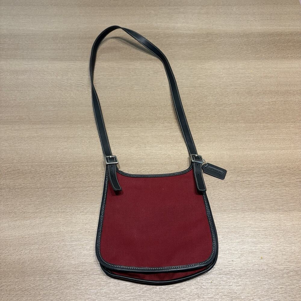 Vintage Coach 8114 Hippie Twill Flap Crossbody Bag Red Burgundy Black Leather